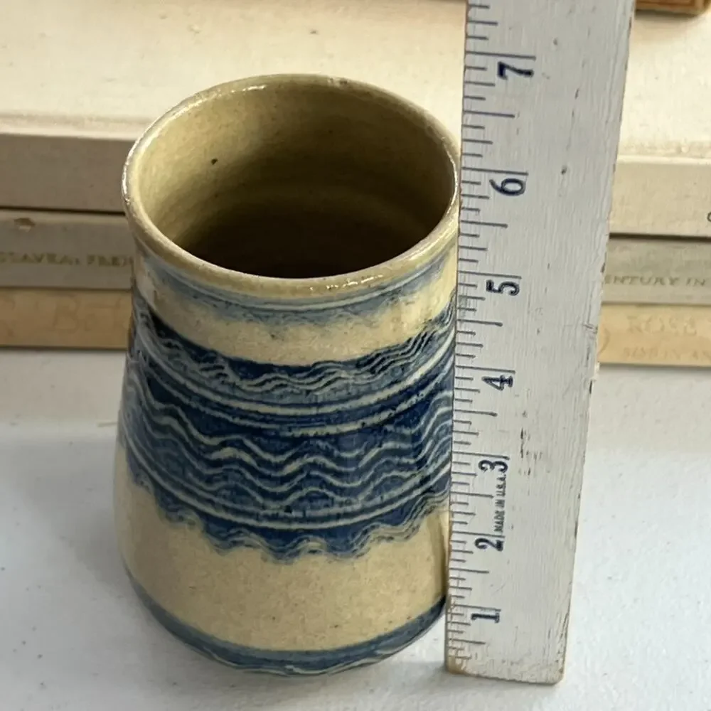 Studio Art Pottery Handmade Jar Vase Signed Ivory Blue Striped Zig Zag 5.5”